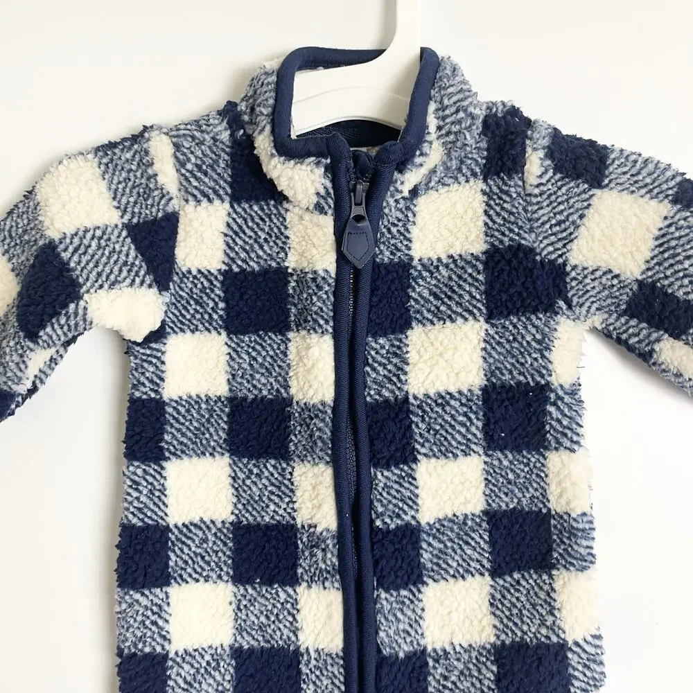 Carters‎ Zip-Up 1 Piece Warm Long Sleeve Easy Care Jumpsuit Blue Plaid 3 Months